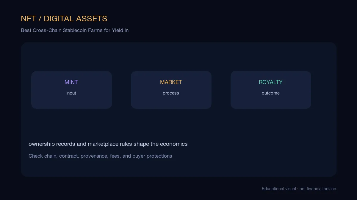 Best Cross-Chain Stablecoin Farms for Yield in: educational cryptocurrency diagram showing ownership, royalties, bridging, and marketplace flow