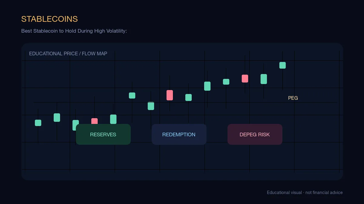 Best Stablecoin to Hold During High Volatility:: educational cryptocurrency diagram showing stablecoin flows, peg risk, and portfolio protection