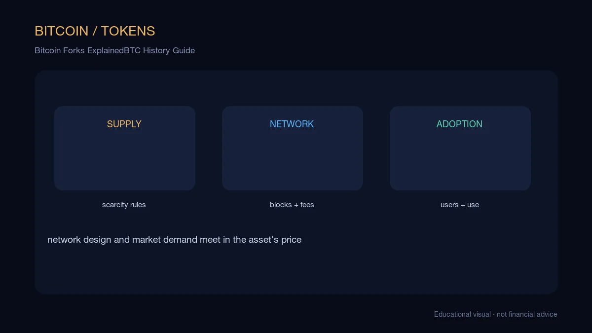 Bitcoin Forks ExplainedBTC History Guide: educational cryptocurrency diagram showing network, supply, and adoption mechanics