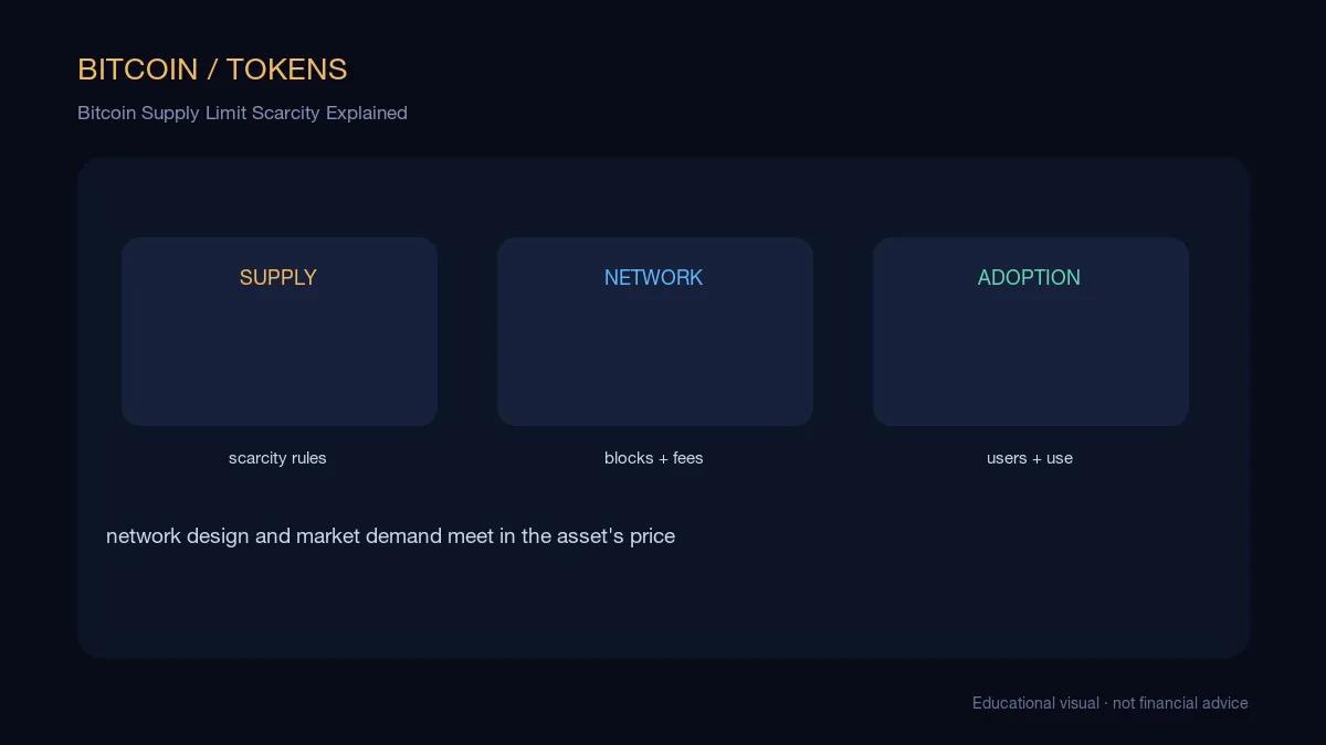 Bitcoin Supply Limit Scarcity Explained: educational cryptocurrency diagram showing network, supply, and adoption mechanics