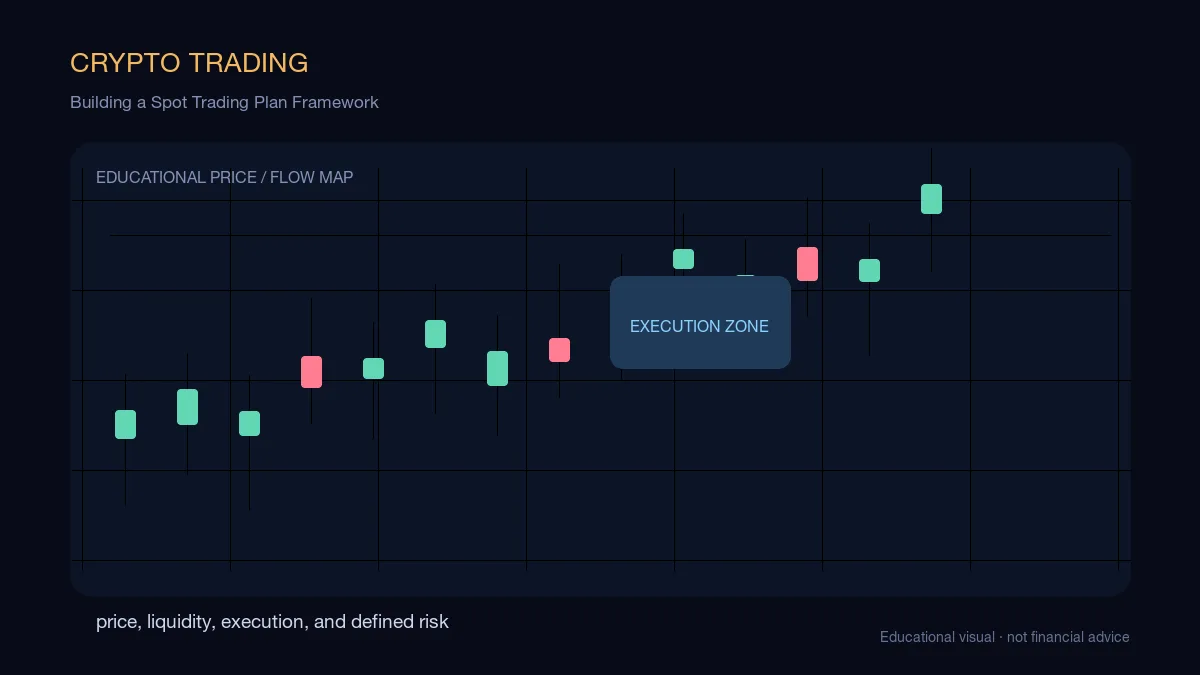Building a Spot Trading Plan Framework: educational cryptocurrency diagram showing price, liquidity, execution, and risk-management decisions