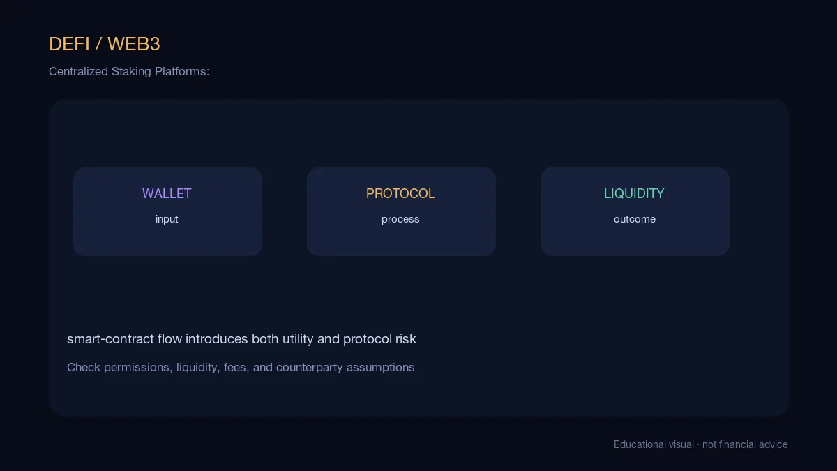 Centralized Staking Platforms:: educational cryptocurrency diagram showing protocol flow, liquidity, and risk checkpoints