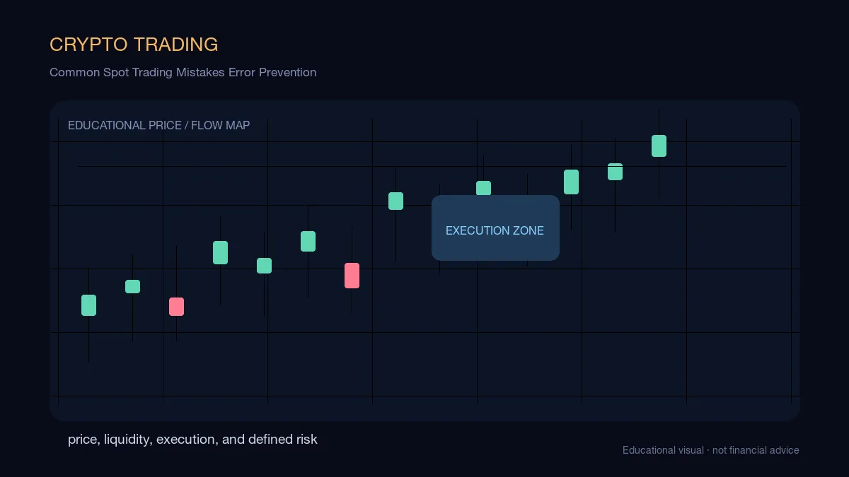 Common Spot Trading Mistakes Error Prevention: educational cryptocurrency diagram showing price, liquidity, execution, and risk-management decisions