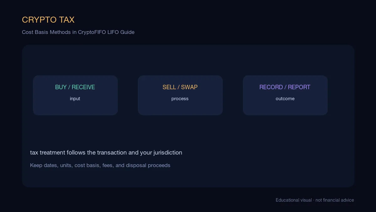 Cost Basis Methods in CryptoFIFO LIFO Guide: educational cryptocurrency diagram showing the transaction, record-keeping, and reporting workflow