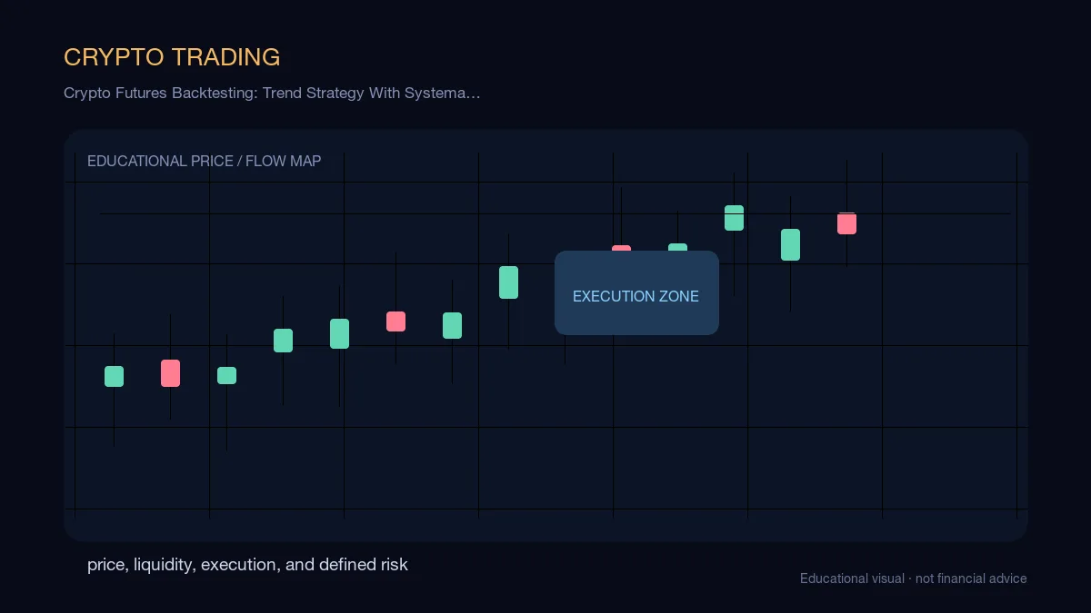 Crypto Futures Backtesting: Trend Strategy With Systematic Results (2026): educational cryptocurrency diagram showing price, liquidity, execution, and risk-management decisions