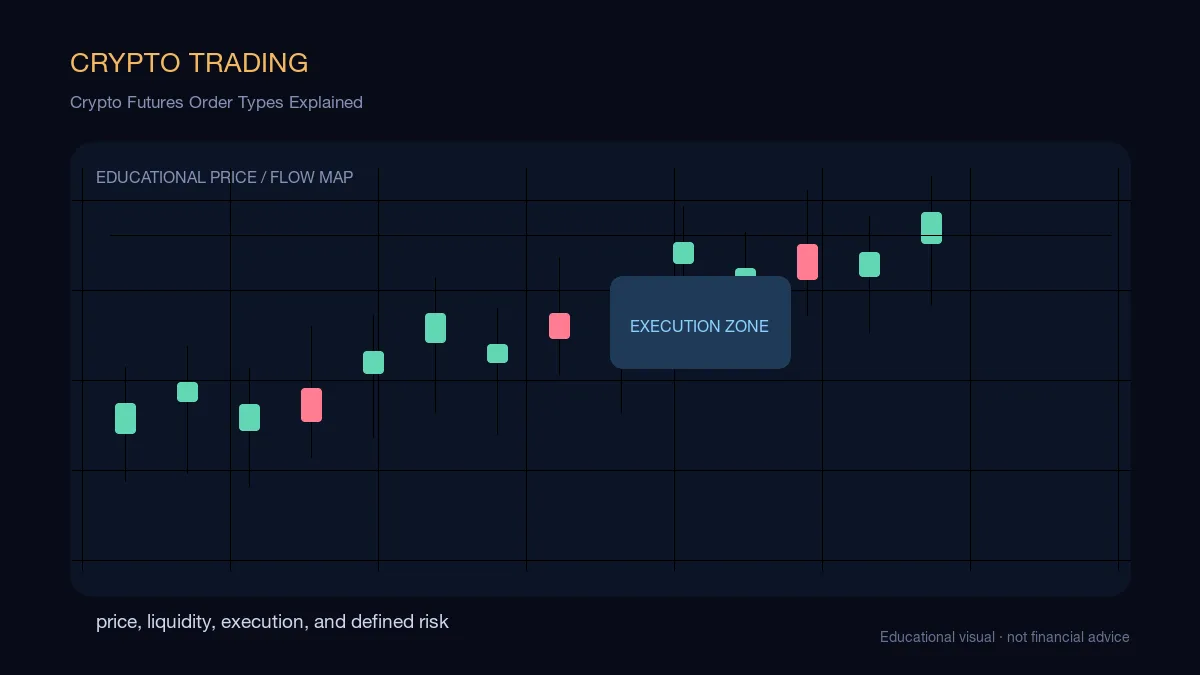 Crypto Futures Order Types Explained: educational cryptocurrency diagram showing price, liquidity, execution, and risk-management decisions