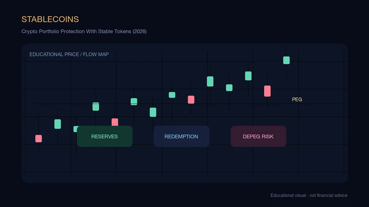 Crypto Portfolio Protection With Stable Tokens (2026): educational cryptocurrency diagram showing stablecoin flows, peg risk, and portfolio protection