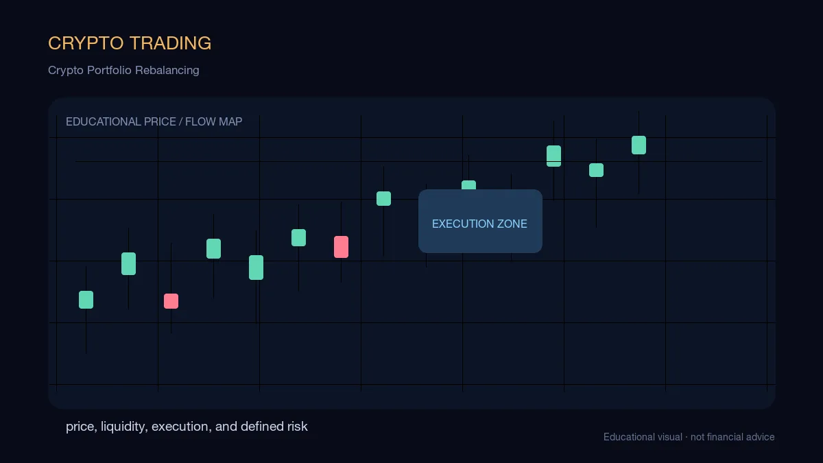 Crypto Portfolio Rebalancing: educational cryptocurrency diagram showing price, liquidity, execution, and risk-management decisions