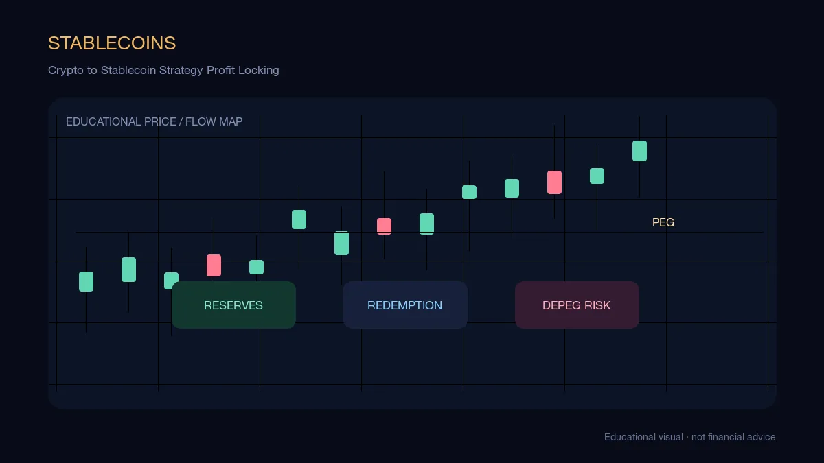 Crypto to Stablecoin Strategy Profit Locking: educational cryptocurrency diagram showing stablecoin flows, peg risk, and portfolio protection