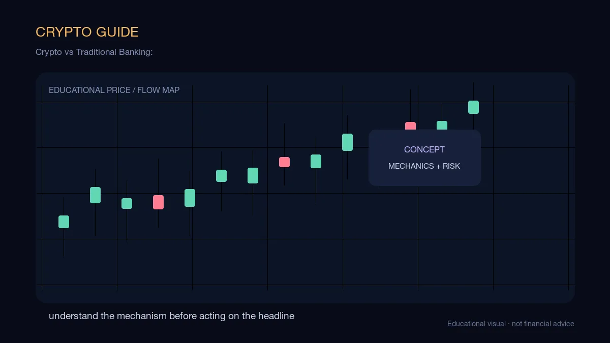 Crypto vs Traditional Banking:: educational cryptocurrency diagram showing the key concepts, risks, and decision points