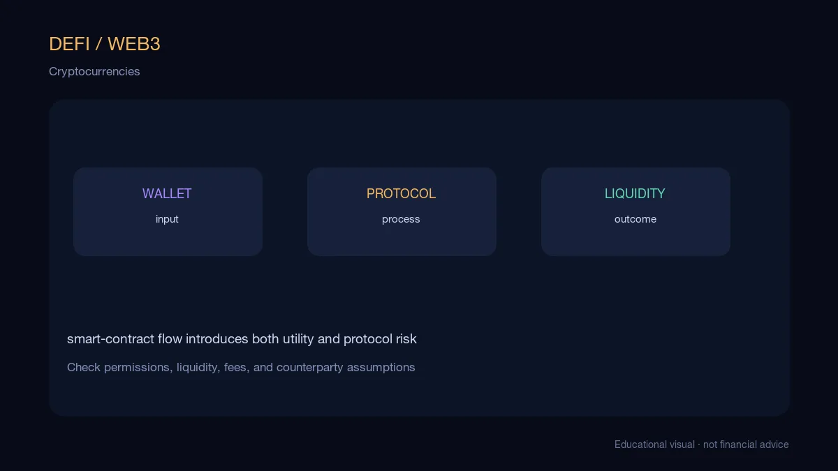 Cryptocurrencies: educational cryptocurrency diagram showing protocol flow, liquidity, and risk checkpoints
