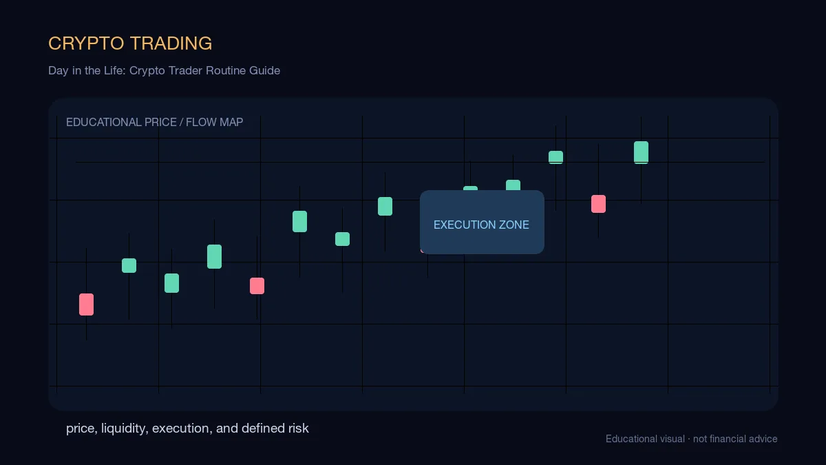 Day in the Life: Crypto Trader Routine Guide: educational cryptocurrency diagram showing price, liquidity, execution, and risk-management decisions