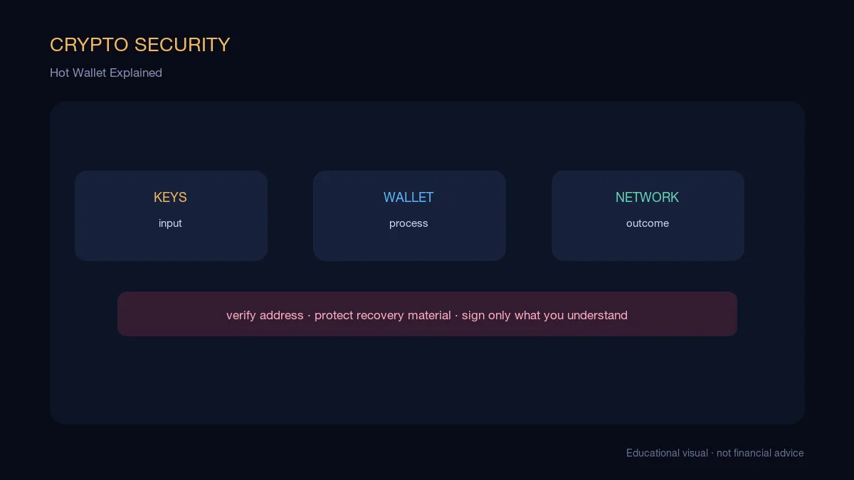 Hot Wallet Explained: educational cryptocurrency diagram showing wallet security, custody, and transaction flow