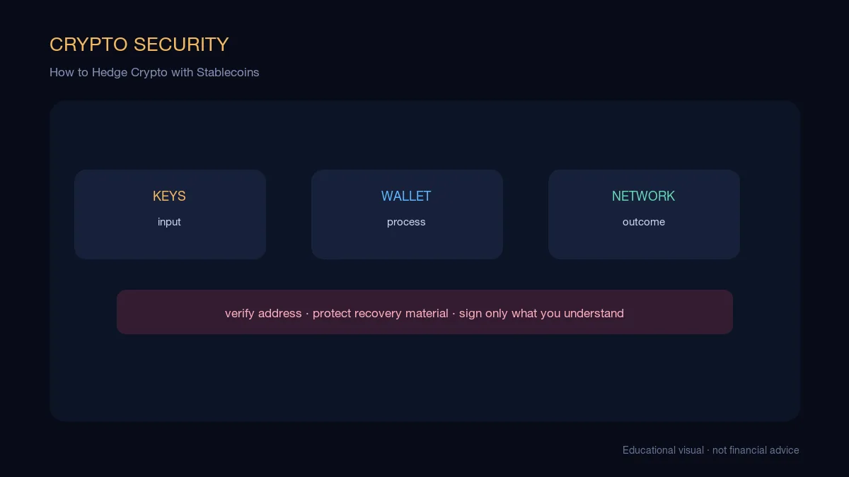 How to Hedge Crypto with Stablecoins: educational cryptocurrency diagram showing wallet security, custody, and transaction flow