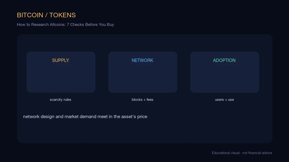 How to Research Altcoins: 7 Checks Before You Buy: educational cryptocurrency diagram showing network, supply, and adoption mechanics