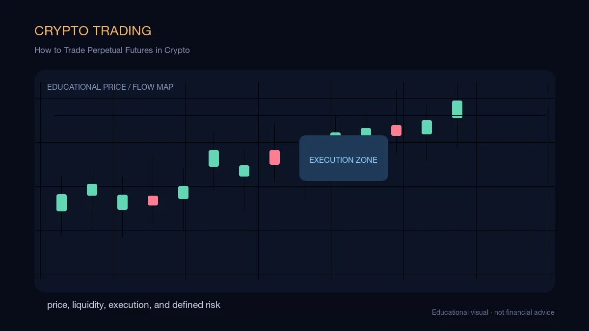 How to Trade Perpetual Futures in Crypto: educational cryptocurrency diagram showing price, liquidity, execution, and risk-management decisions