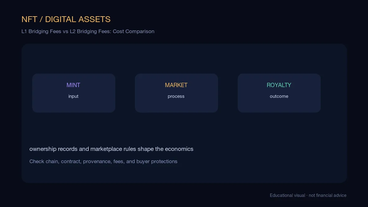 L1 Bridging Fees vs L2 Bridging Fees: Cost Comparison: educational cryptocurrency diagram showing ownership, royalties, bridging, and marketplace flow