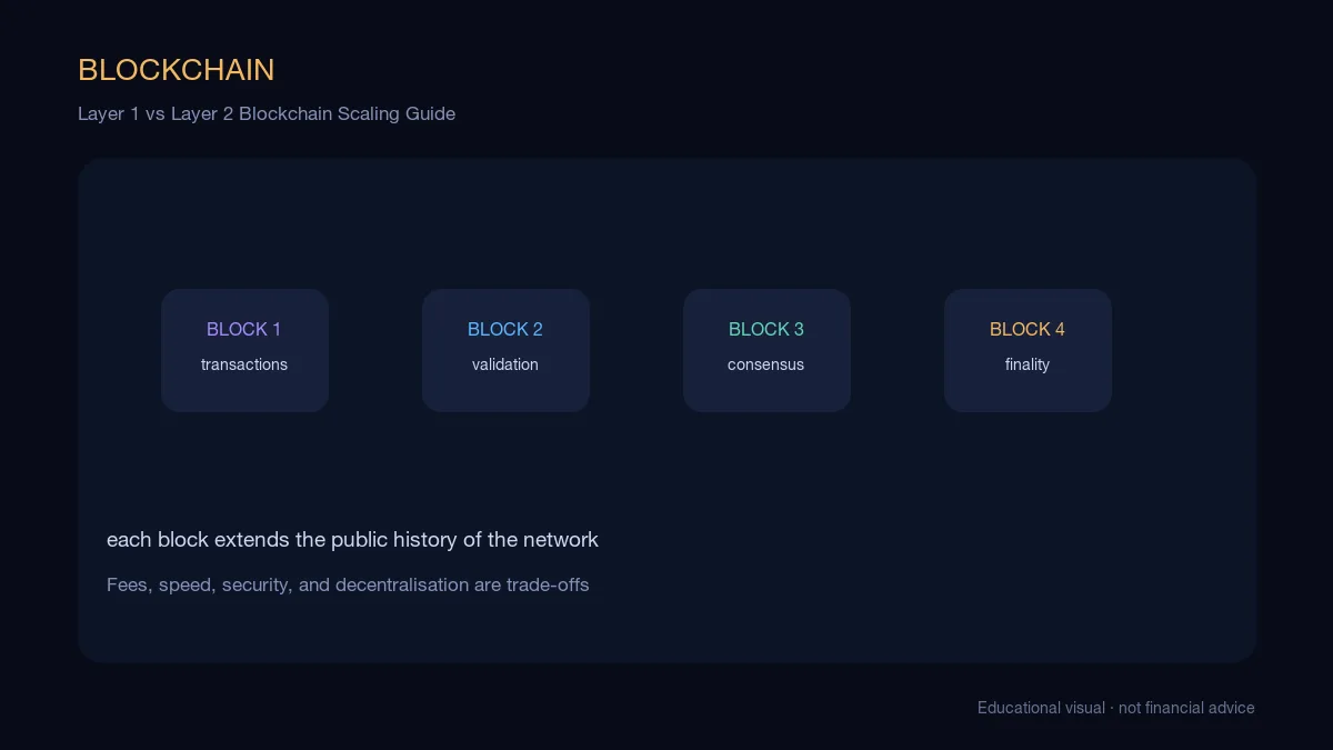 Layer 1 vs Layer 2 Blockchain Scaling Guide: educational cryptocurrency diagram showing on-chain flow, networks, and transaction mechanics