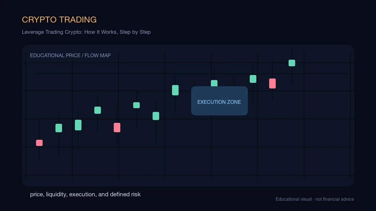 Leverage Trading Crypto: How It Works, Step by Step: educational cryptocurrency diagram showing price, liquidity, execution, and risk-management decisions