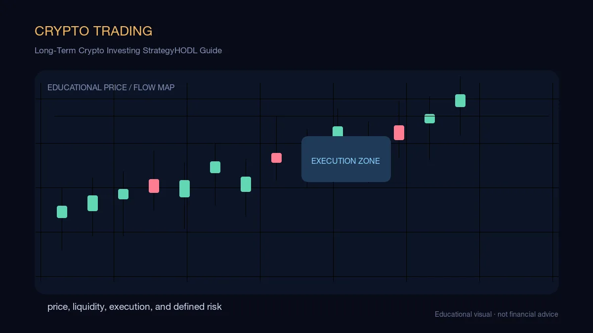Long-Term Crypto Investing StrategyHODL Guide: educational cryptocurrency diagram showing price, liquidity, execution, and risk-management decisions