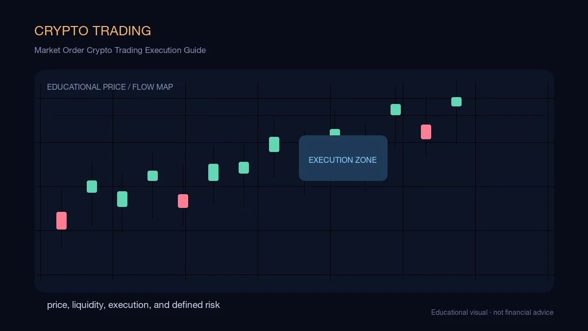 Market Order Crypto Trading Execution Guide: educational cryptocurrency diagram showing price, liquidity, execution, and risk-management decisions