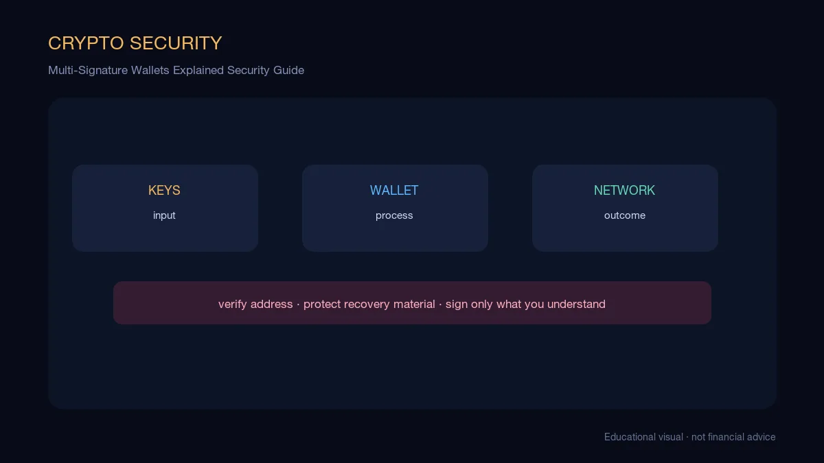 Multi-Signature Wallets Explained Security Guide: educational cryptocurrency diagram showing wallet security, custody, and transaction flow