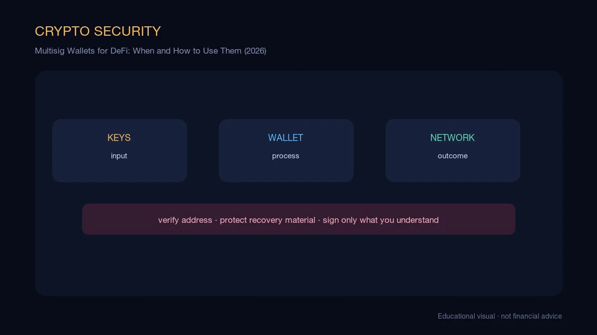 Multisig Wallets for DeFi: When and How to Use Them (2026): educational cryptocurrency diagram showing wallet security, custody, and transaction flow