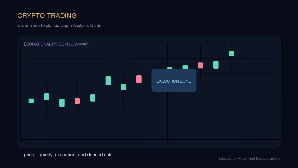 Order Book Explained Depth Analysis Guide: educational cryptocurrency diagram showing price, liquidity, execution, and risk-management decisions