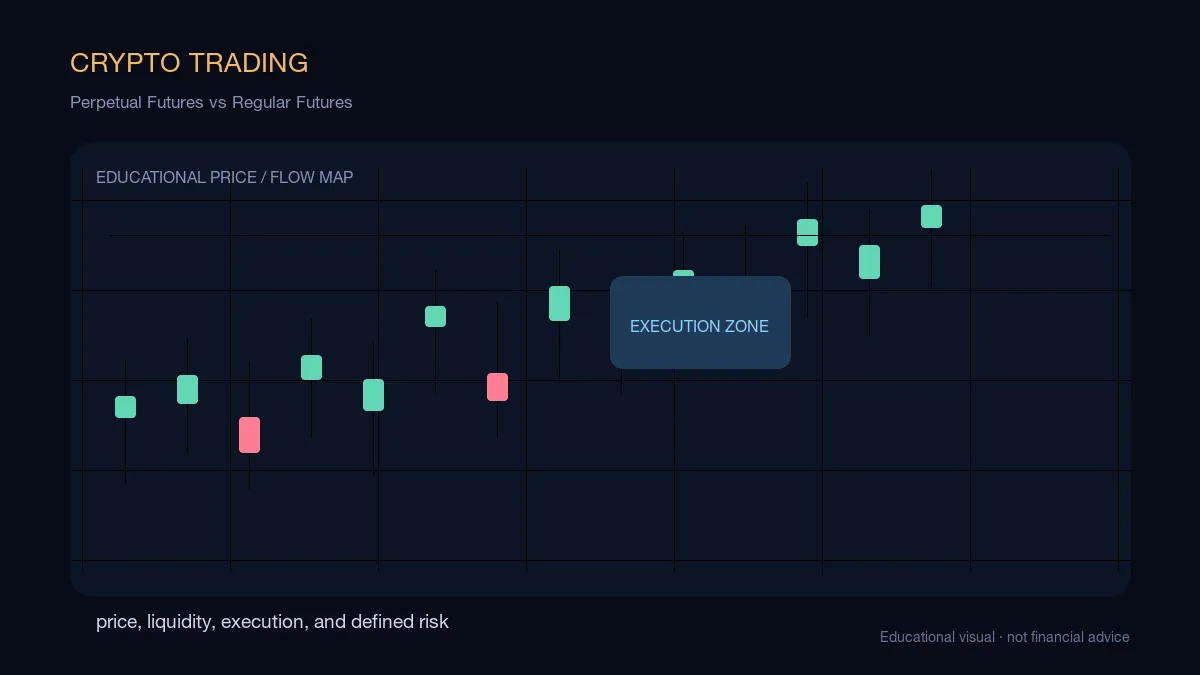 Perpetual Futures vs Regular Futures: educational cryptocurrency diagram showing price, liquidity, execution, and risk-management decisions