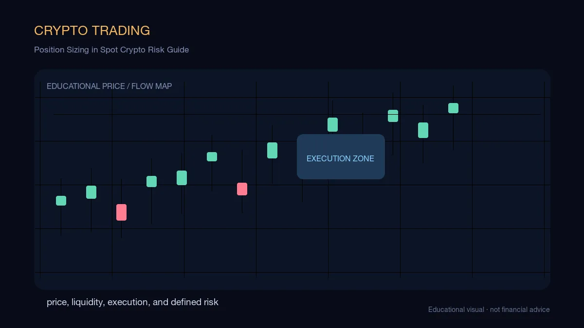Position Sizing in Spot Crypto Risk Guide: educational cryptocurrency diagram showing price, liquidity, execution, and risk-management decisions