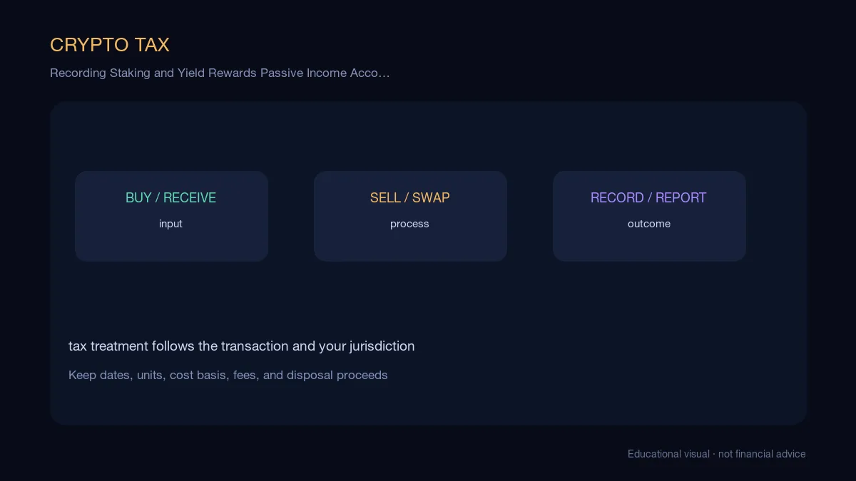 Recording Staking and Yield Rewards Passive Income Accounting: educational cryptocurrency diagram showing the transaction, record-keeping, and reporting workflow