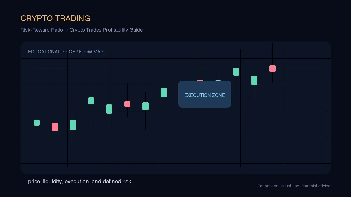 Risk-Reward Ratio in Crypto Trades Profitability Guide: educational cryptocurrency diagram showing price, liquidity, execution, and risk-management decisions
