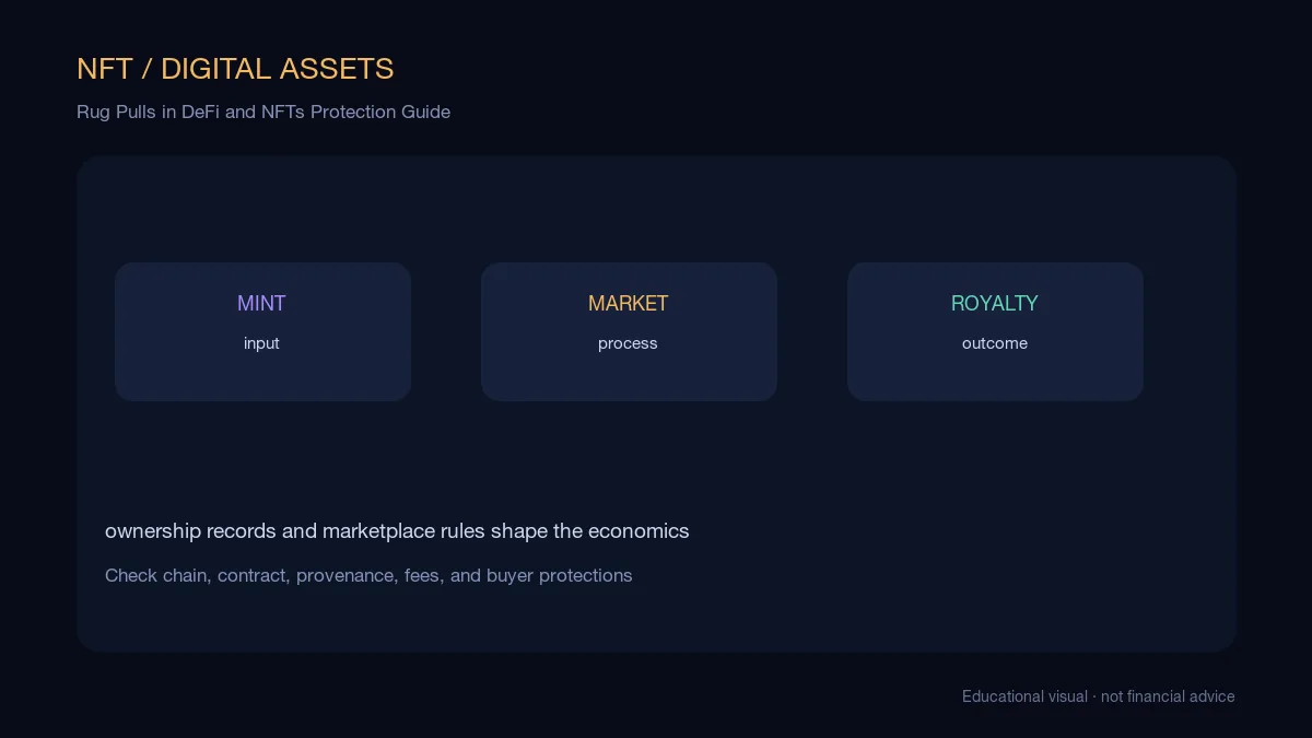Rug Pulls in DeFi and NFTs Protection Guide: educational cryptocurrency diagram showing ownership, royalties, bridging, and marketplace flow