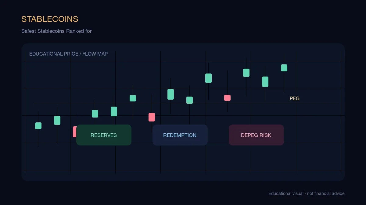 Safest Stablecoins Ranked for: educational cryptocurrency diagram showing stablecoin flows, peg risk, and portfolio protection