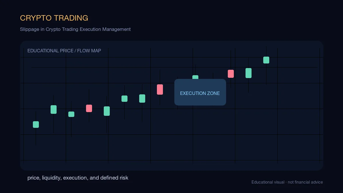 Slippage in Crypto Trading Execution Management: educational cryptocurrency diagram showing price, liquidity, execution, and risk-management decisions