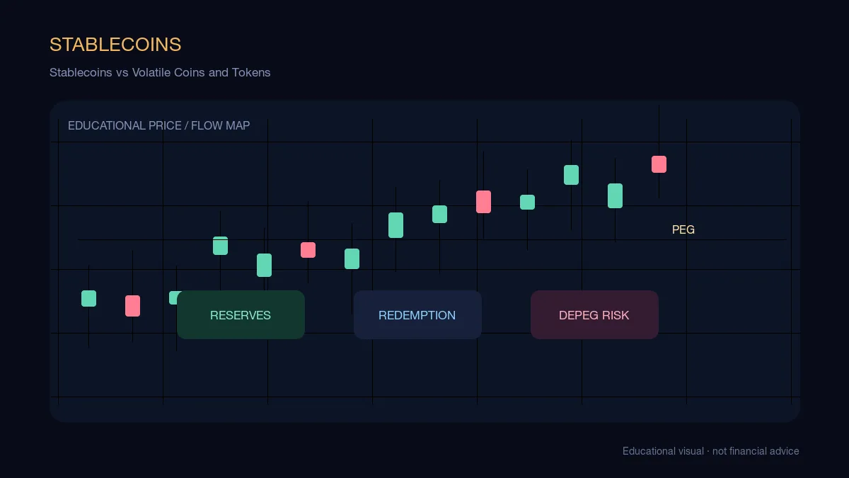 Stablecoins vs Volatile Coins and Tokens: educational cryptocurrency diagram showing stablecoin flows, peg risk, and portfolio protection