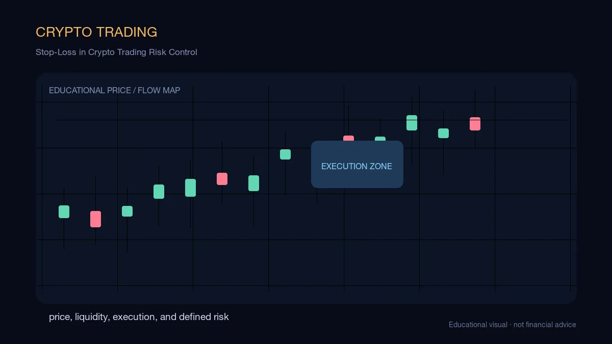 Stop-Loss in Crypto Trading Risk Control: educational cryptocurrency diagram showing price, liquidity, execution, and risk-management decisions