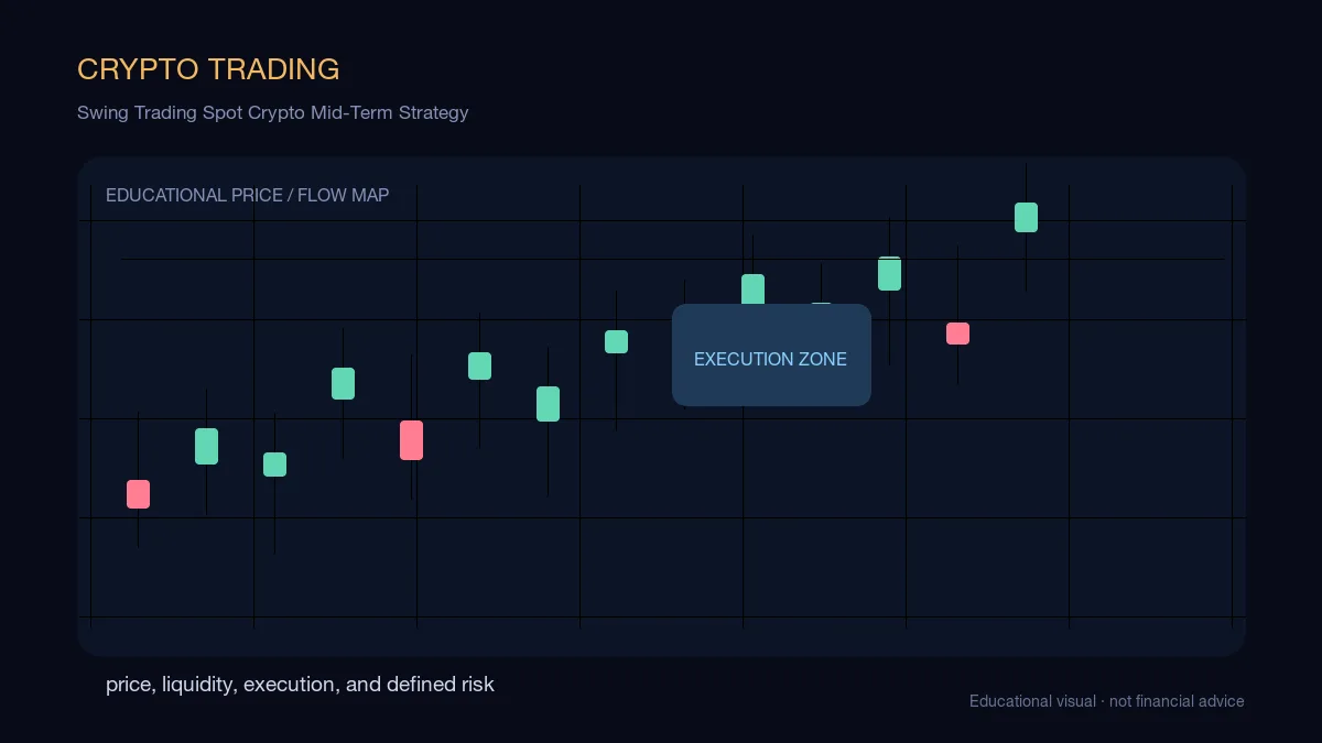 Swing Trading Spot Crypto Mid-Term Strategy: educational cryptocurrency diagram showing price, liquidity, execution, and risk-management decisions