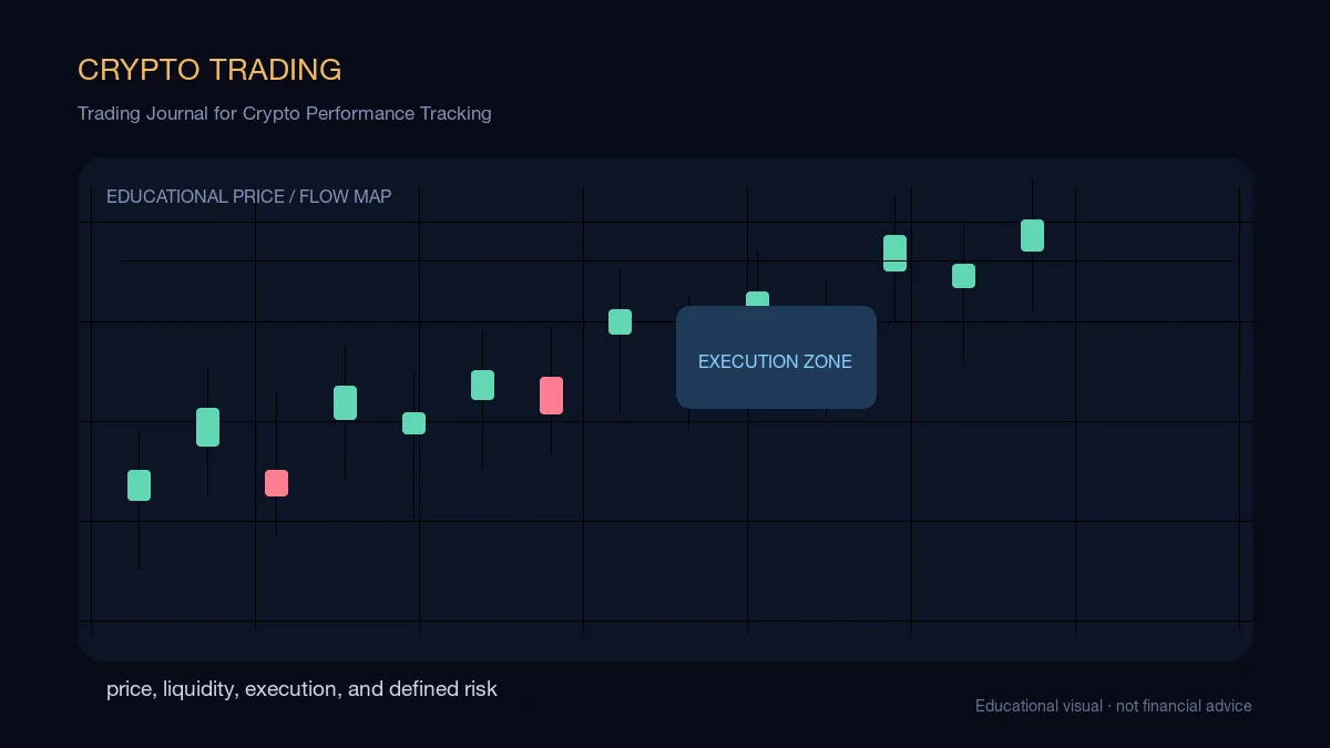 Trading Journal for Crypto Performance Tracking: educational cryptocurrency diagram showing price, liquidity, execution, and risk-management decisions