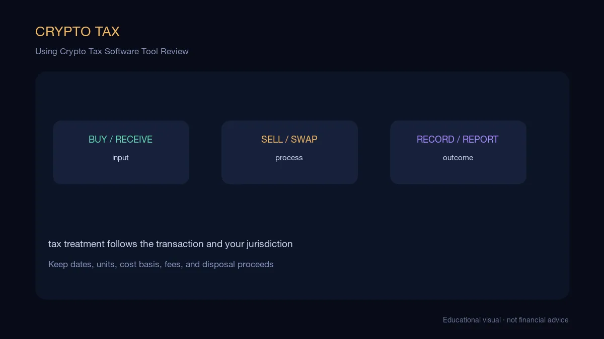 Using Crypto Tax Software Tool Review: educational cryptocurrency diagram showing the transaction, record-keeping, and reporting workflow