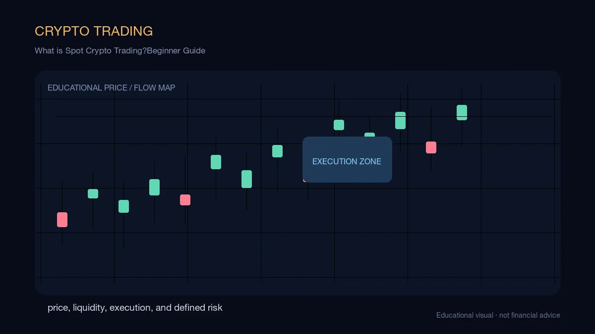 What is Spot Crypto Trading?Beginner Guide: educational cryptocurrency diagram showing price, liquidity, execution, and risk-management decisions