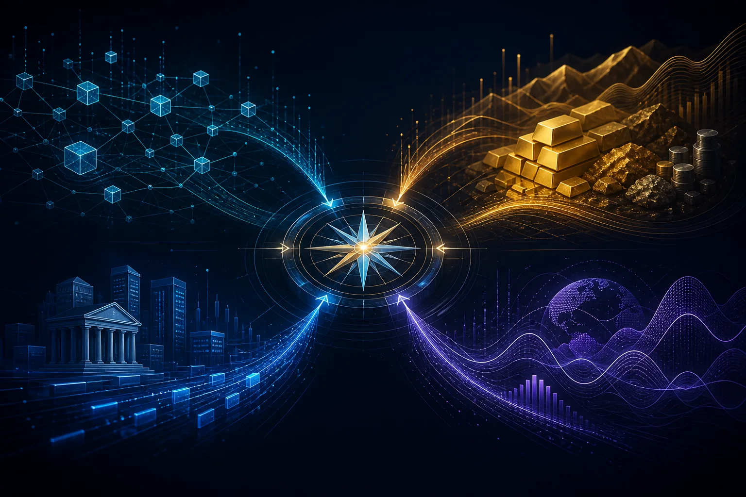 Market research flow connecting asset classes to a central trading insight