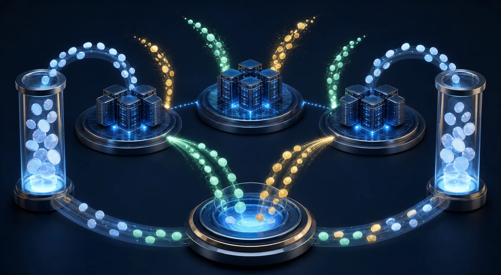 Text-free staking cycle showing tokens entering validator networks and rewards returning to the pool
