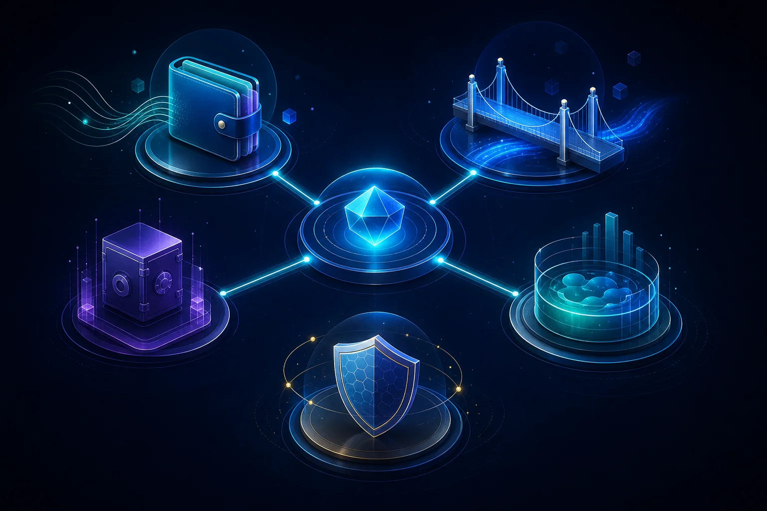 Digital assets learning map connecting wallets, bridges, staking, DeFi, and security