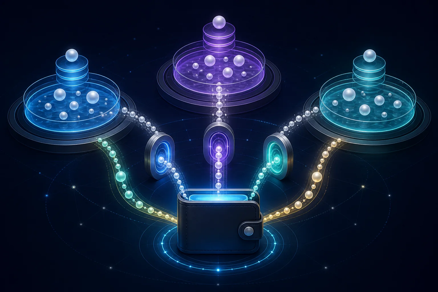Text-free stablecoin farming flow connecting a wallet with three cross-chain liquidity pools