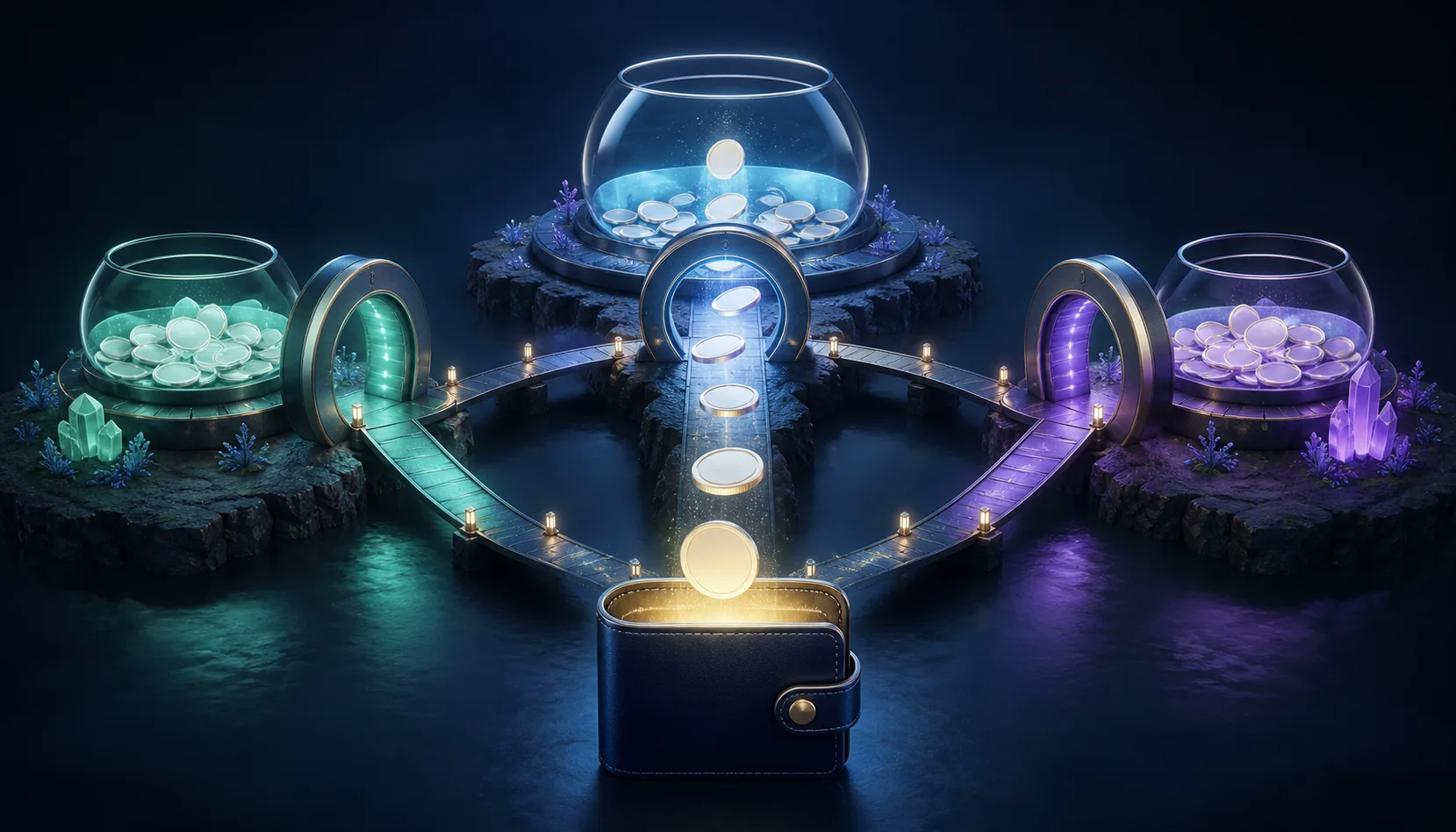 Stablecoins moving from a central wallet through portals into multiple chain liquidity pools