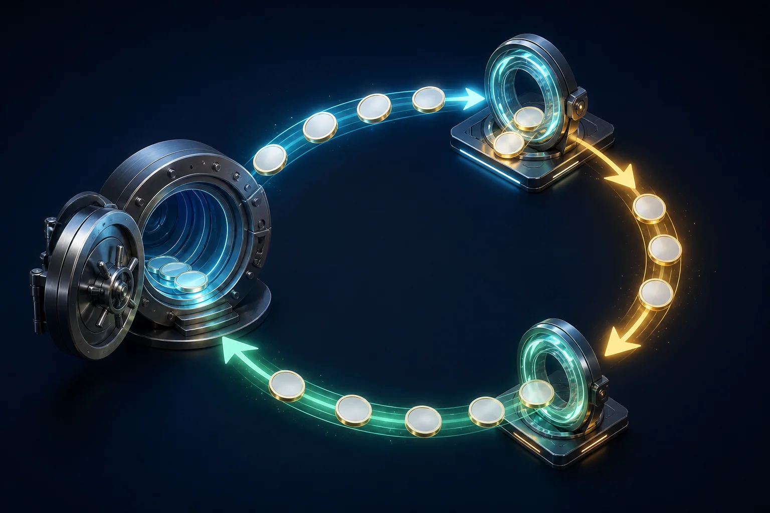 Text-free flash-loan cycle showing liquidity leaving a vault, passing through strategy steps, and returning