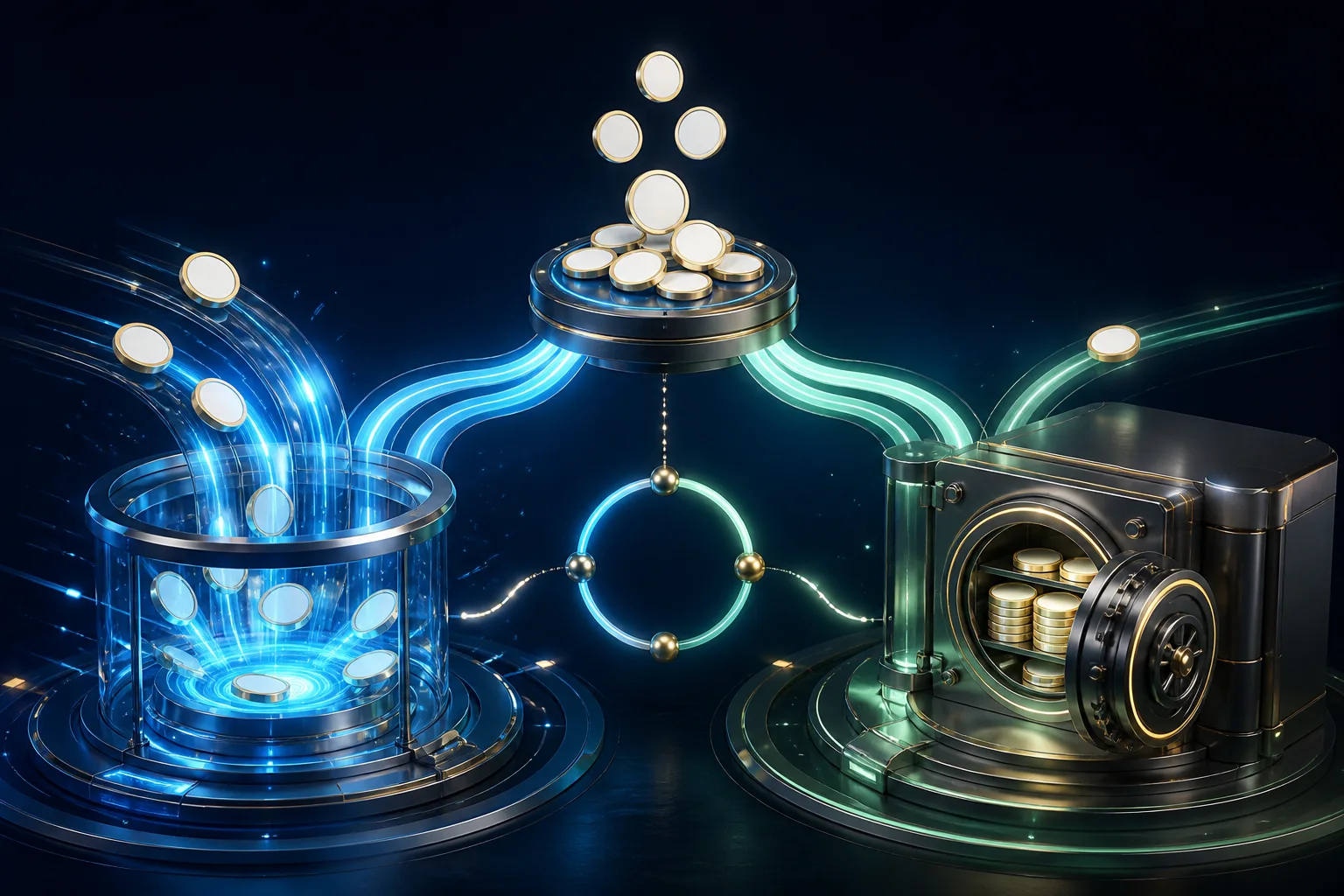 Text-free flow splitting bridging tokens between active liquidity and a protected reserve