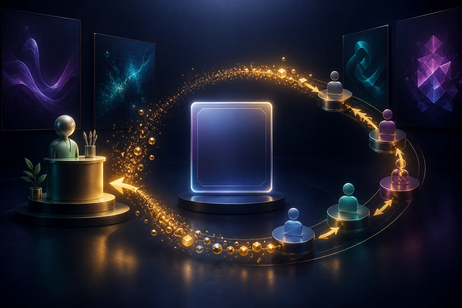 Abstract digital artwork sending royalty value back to a creator podium