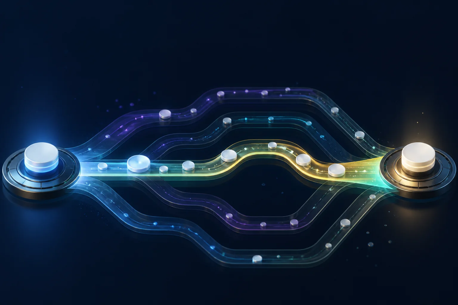 Multiple cross-chain swap routes converging into one highlighted execution path